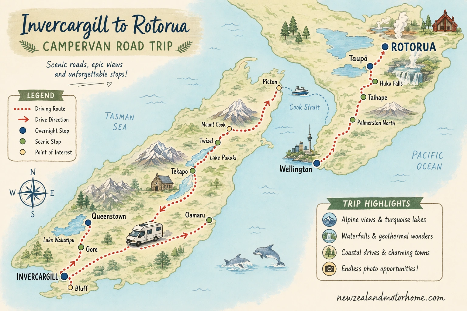 Illustrated campervan map — invercargill to rotorua campervan