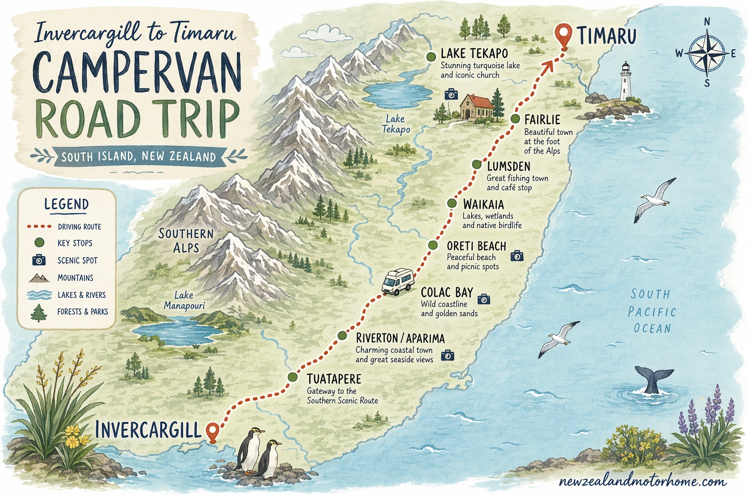 Illustrated campervan map — invercargill to timaru campervan