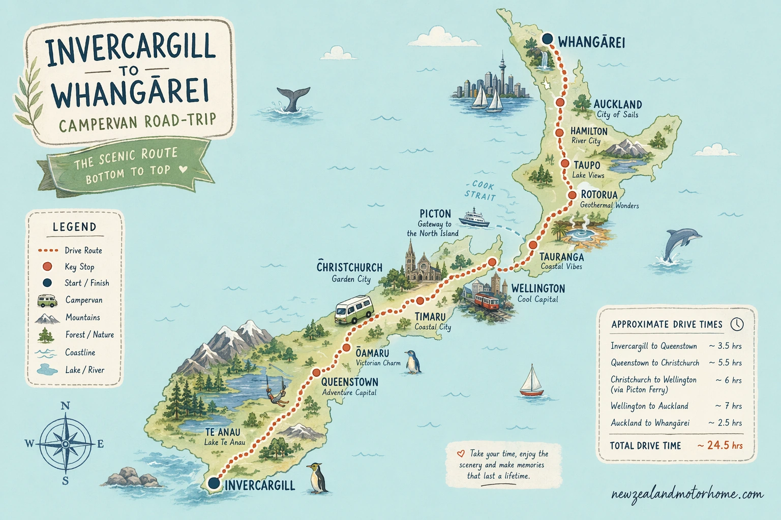 Illustrated campervan map — invercargill to whangarei campervan
