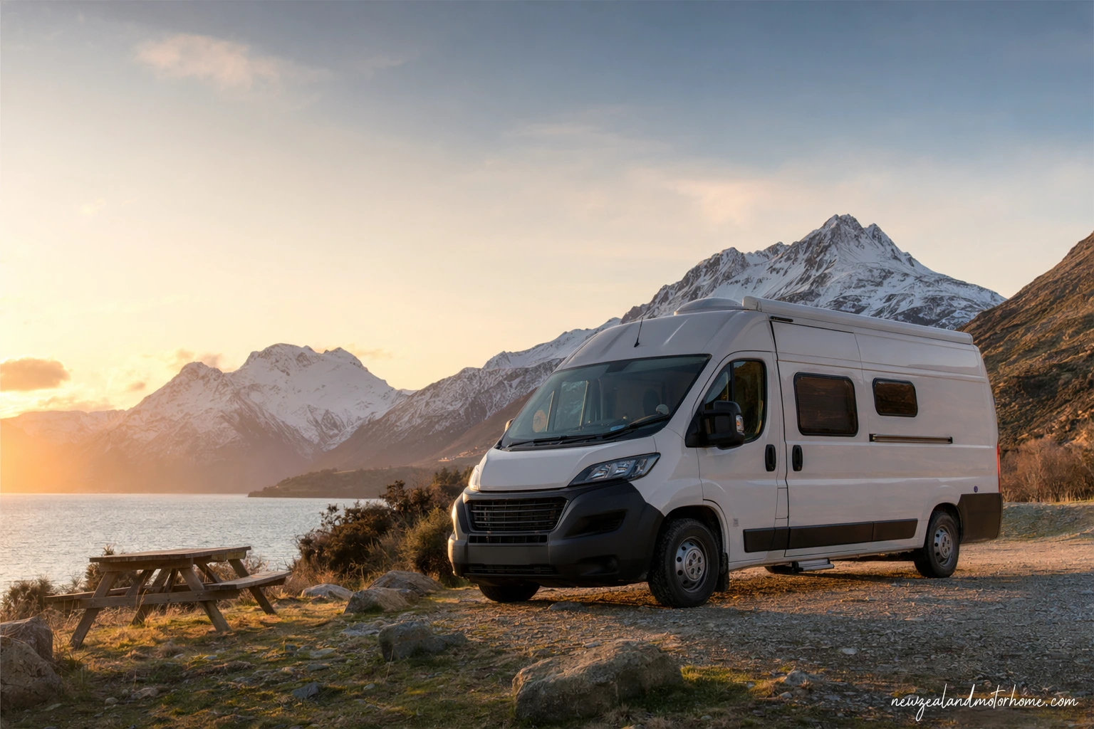 Campervan parked beside Lake Pukaki with Aoraki Mount Cook in the distance