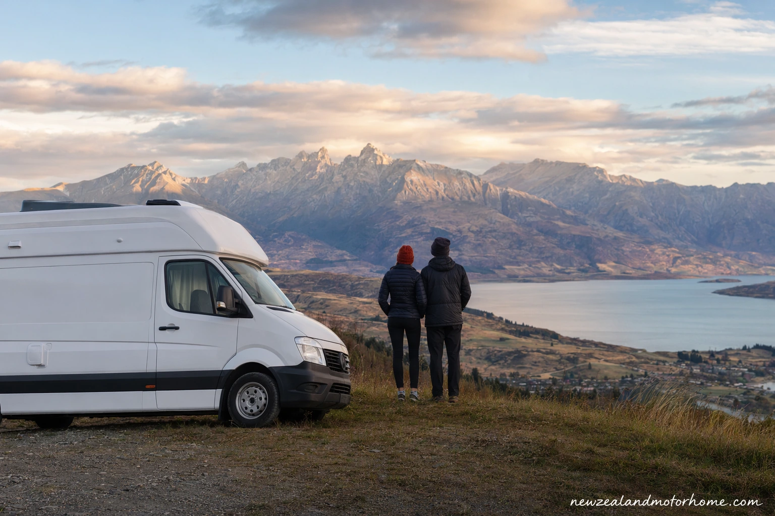 Campervan parked near Mount Sunday in Canterbury with wide high country scenery from a Lord of the Rings route