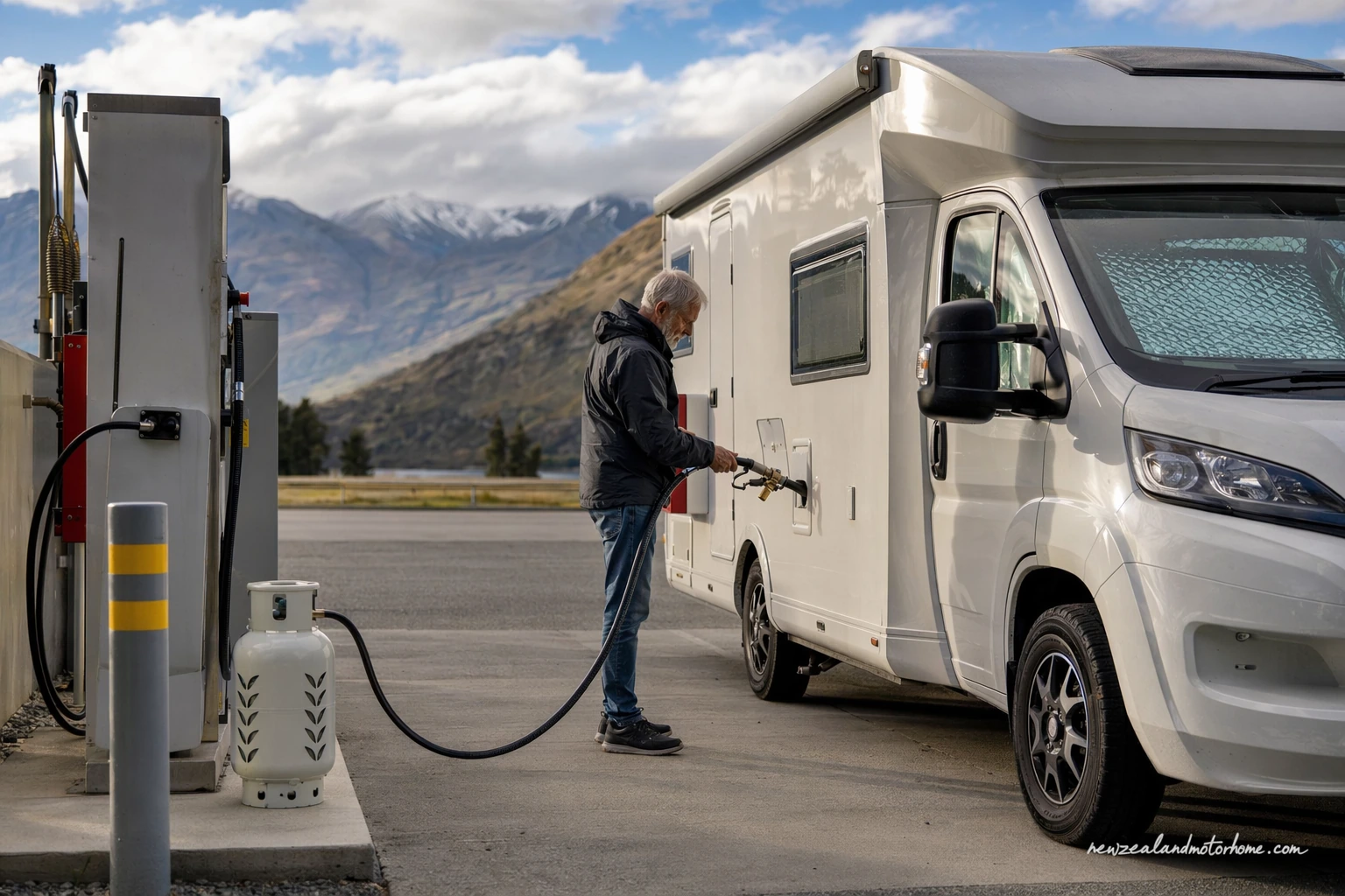 Campervan parked at an LPG refill area in New Zealand with gas locker open