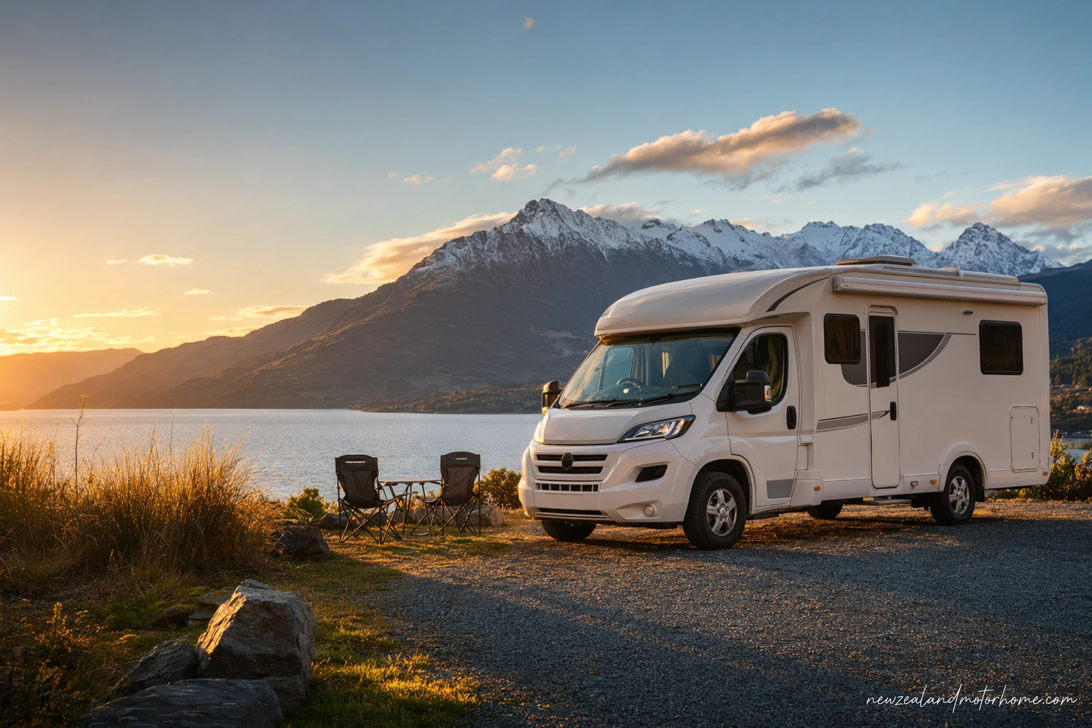Luxury campervan parked beside Lake Pukaki with Aoraki Mount Cook in the distance