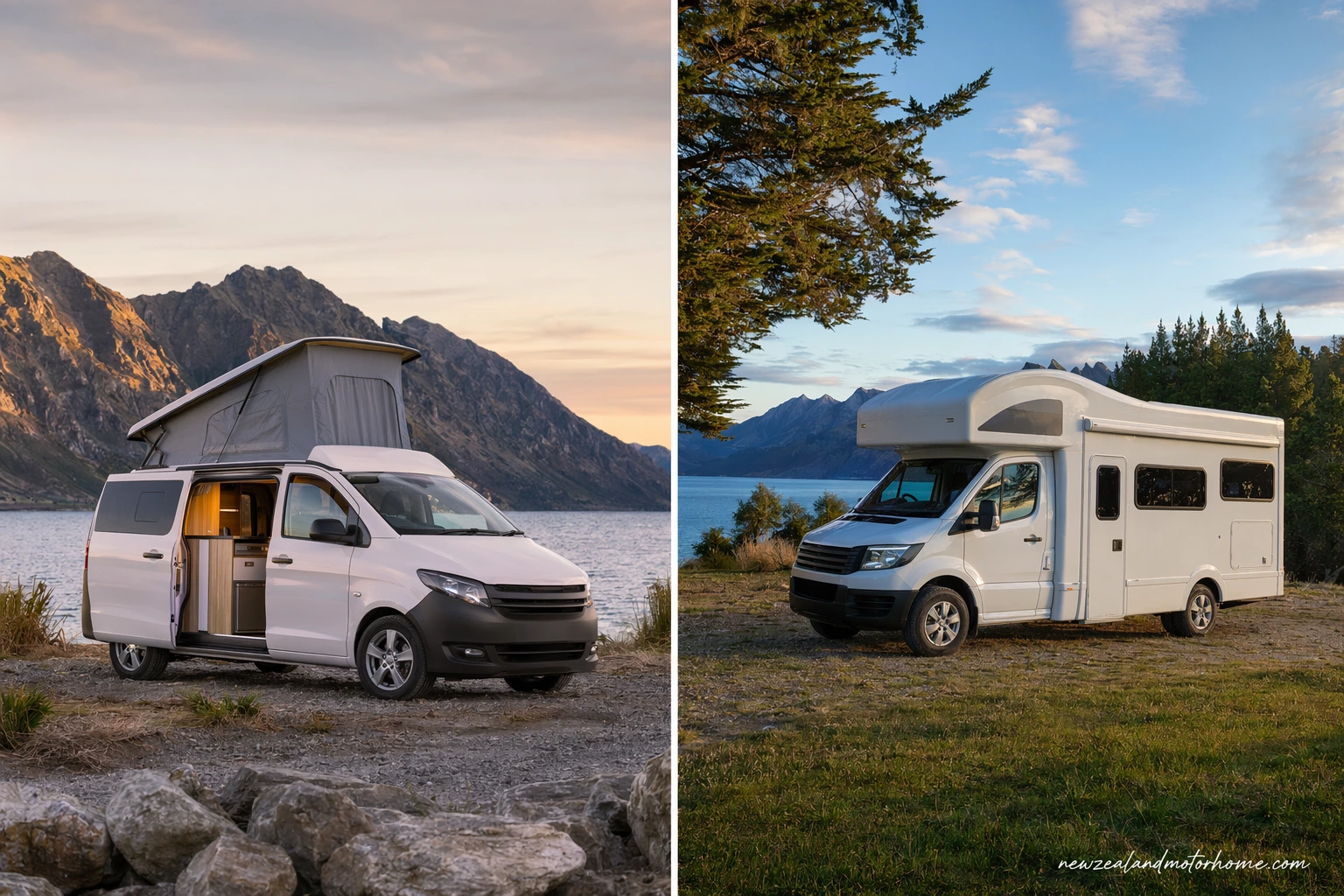 Campervan parked at a lakeside New Zealand campsite with mountains in the background