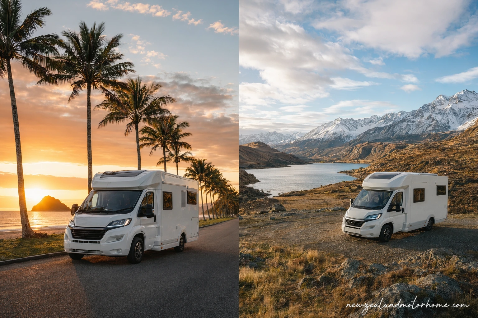 Campervan parked beside Lake Pukaki with Aoraki Mount Cook in the distance