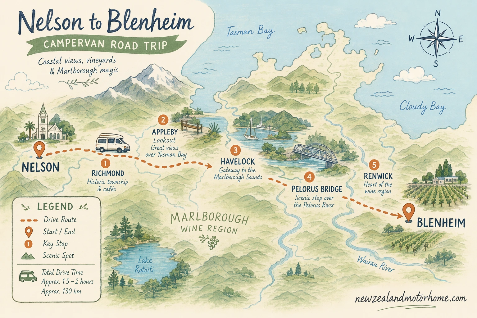 Illustrated campervan map — nelson to blenheim campervan