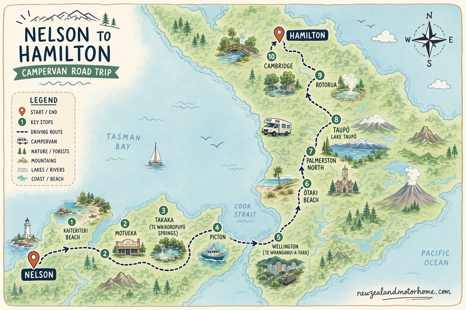Illustrated campervan map — nelson to hamilton campervan