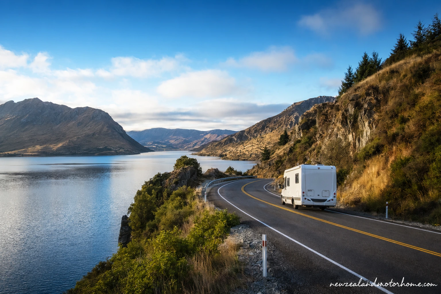 Campervan parked above Tasman Bay near Nelson before the route to Hamilton