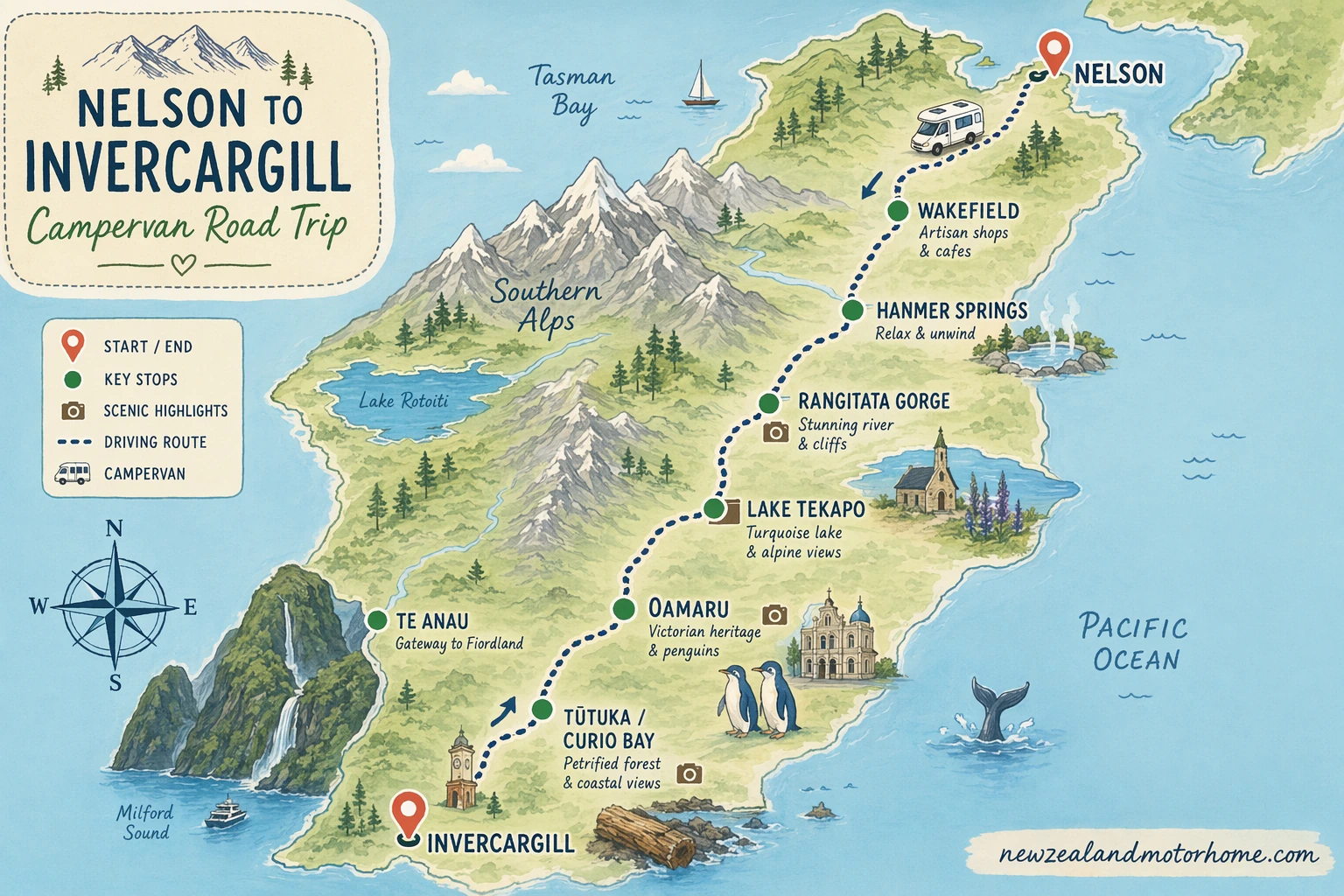Illustrated campervan map — nelson to invercargill campervan