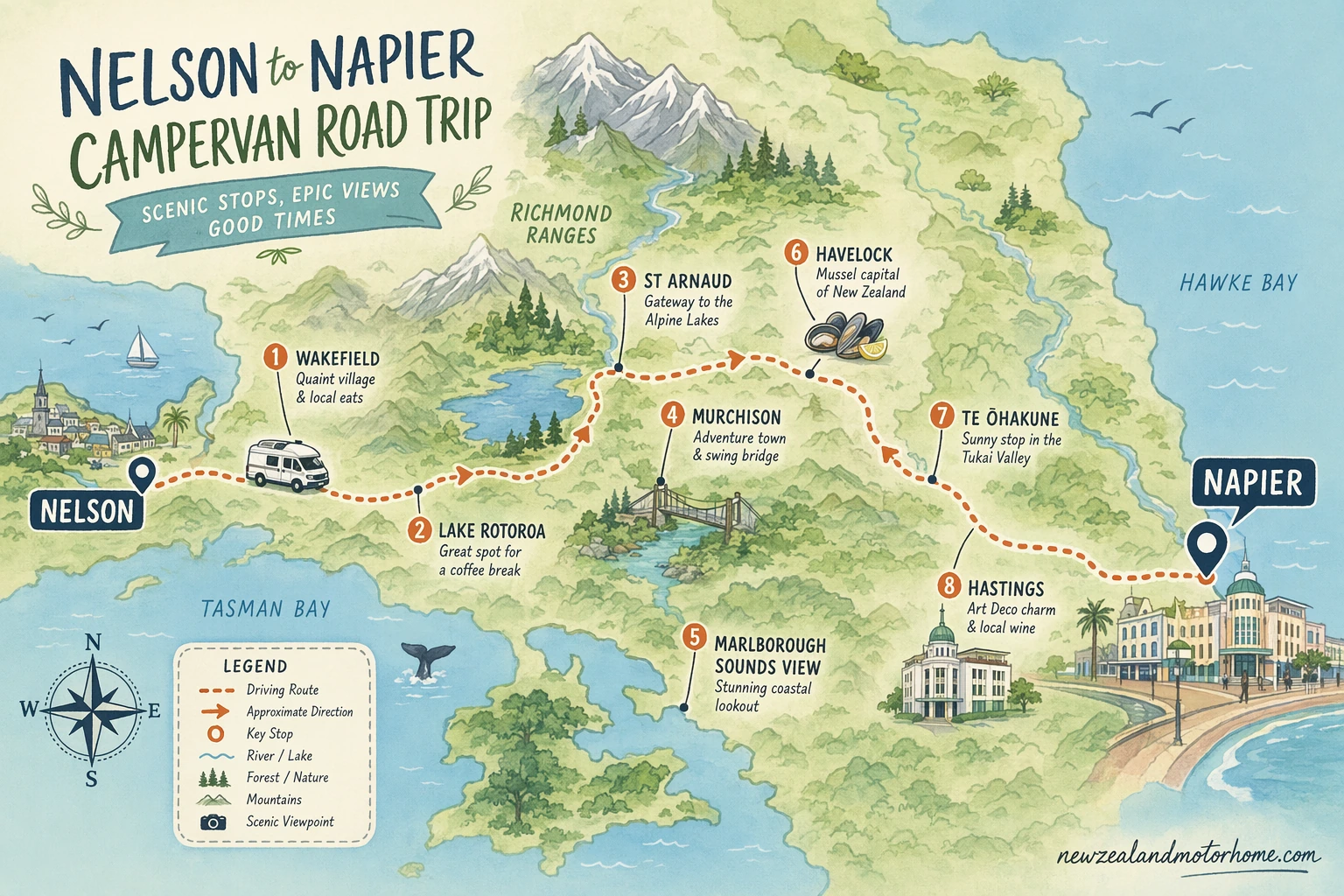 Illustrated campervan map — nelson to napier campervan