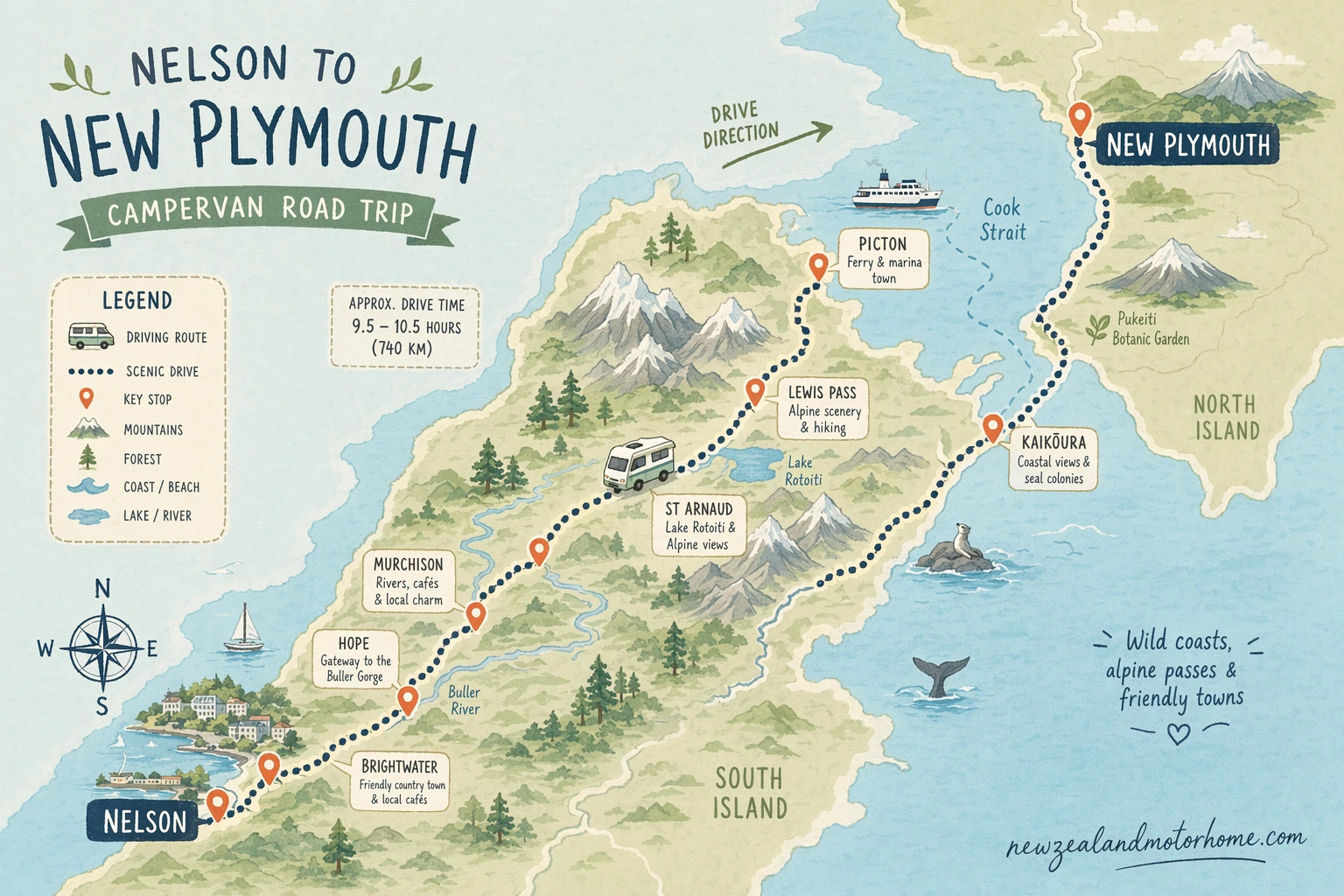 Illustrated campervan map — nelson to new plymouth campervan