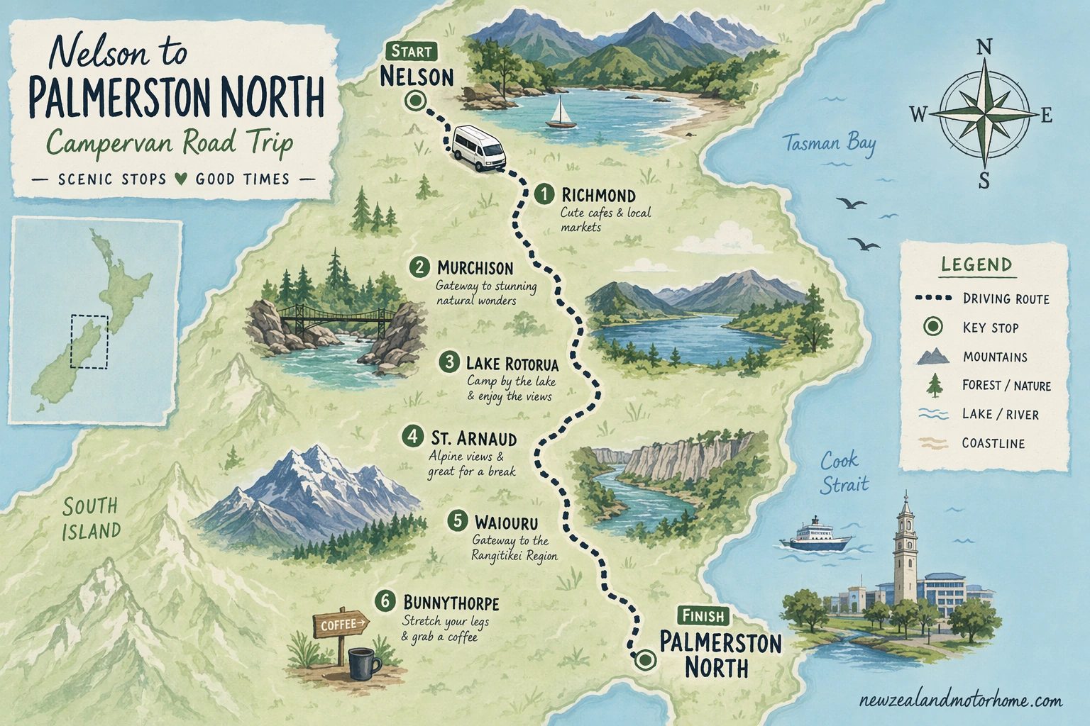 Illustrated campervan map — nelson to palmerston north campervan