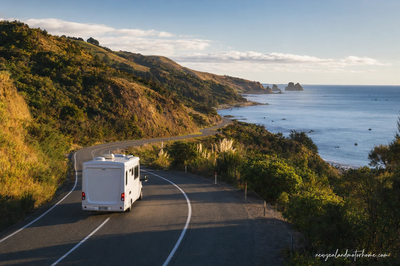 Campervan parked near the waterfront in Picton on the Nelson to Palmerston North route