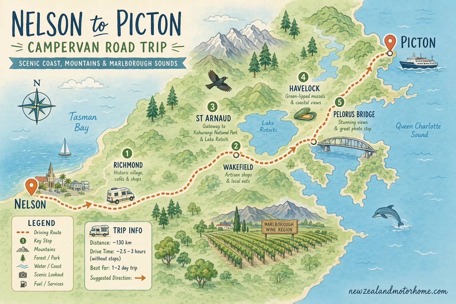 Illustrated campervan map — nelson to picton campervan