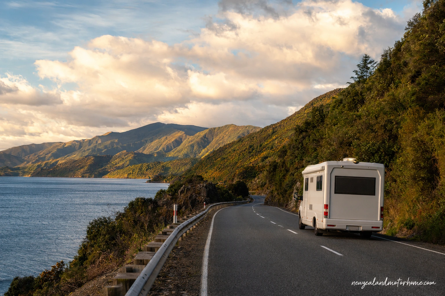 Campervan parked above Queen Charlotte Sound on the Nelson to Picton route