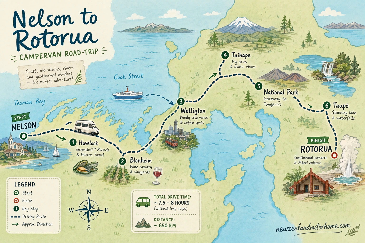 Illustrated campervan map — nelson to rotorua campervan