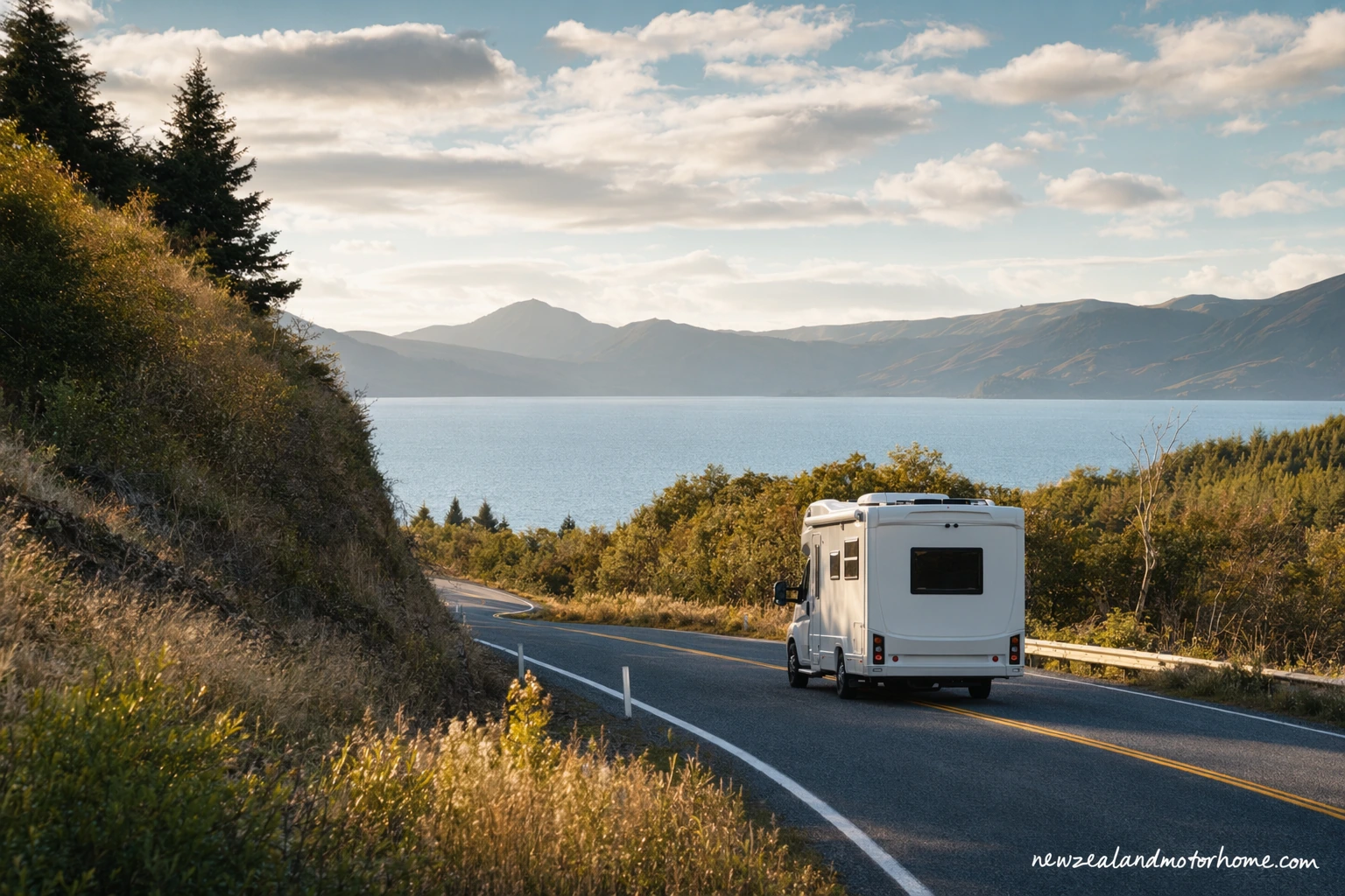 Campervan parked near Lake Taupō on the Nelson to Rotorua route with volcanic plateau hills in the distance