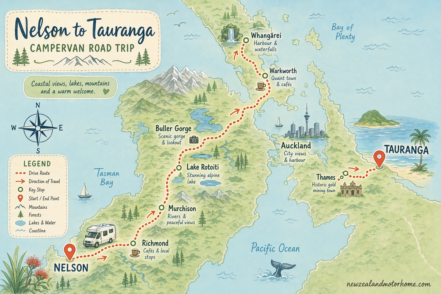 Illustrated campervan map — nelson to tauranga campervan