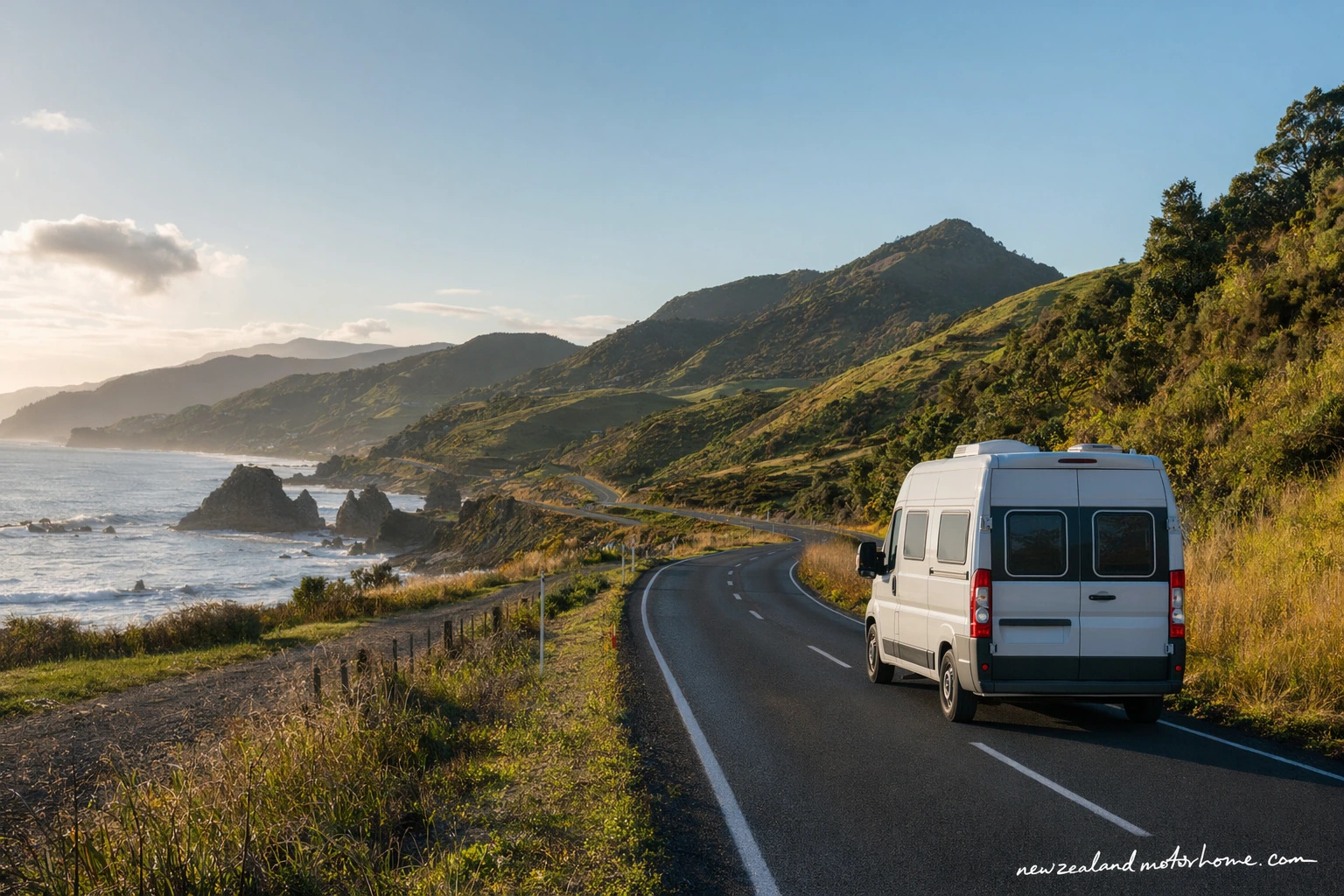 Campervan parked near Tauranga Harbour after the Nelson to Tauranga route