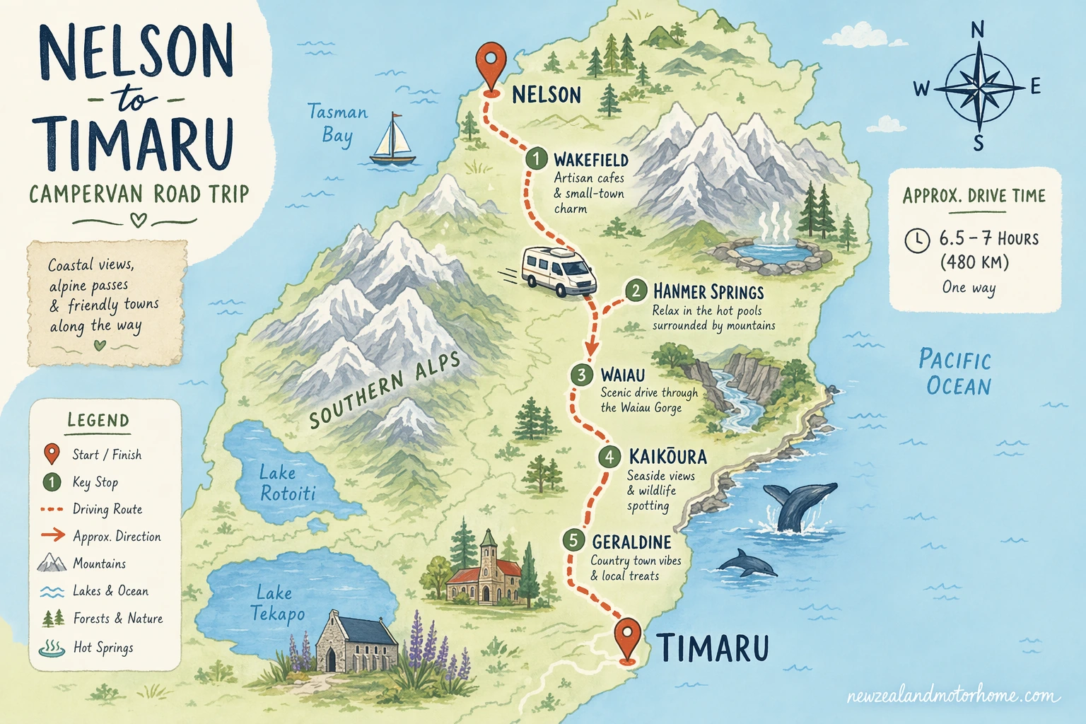 Illustrated campervan map — nelson to timaru campervan