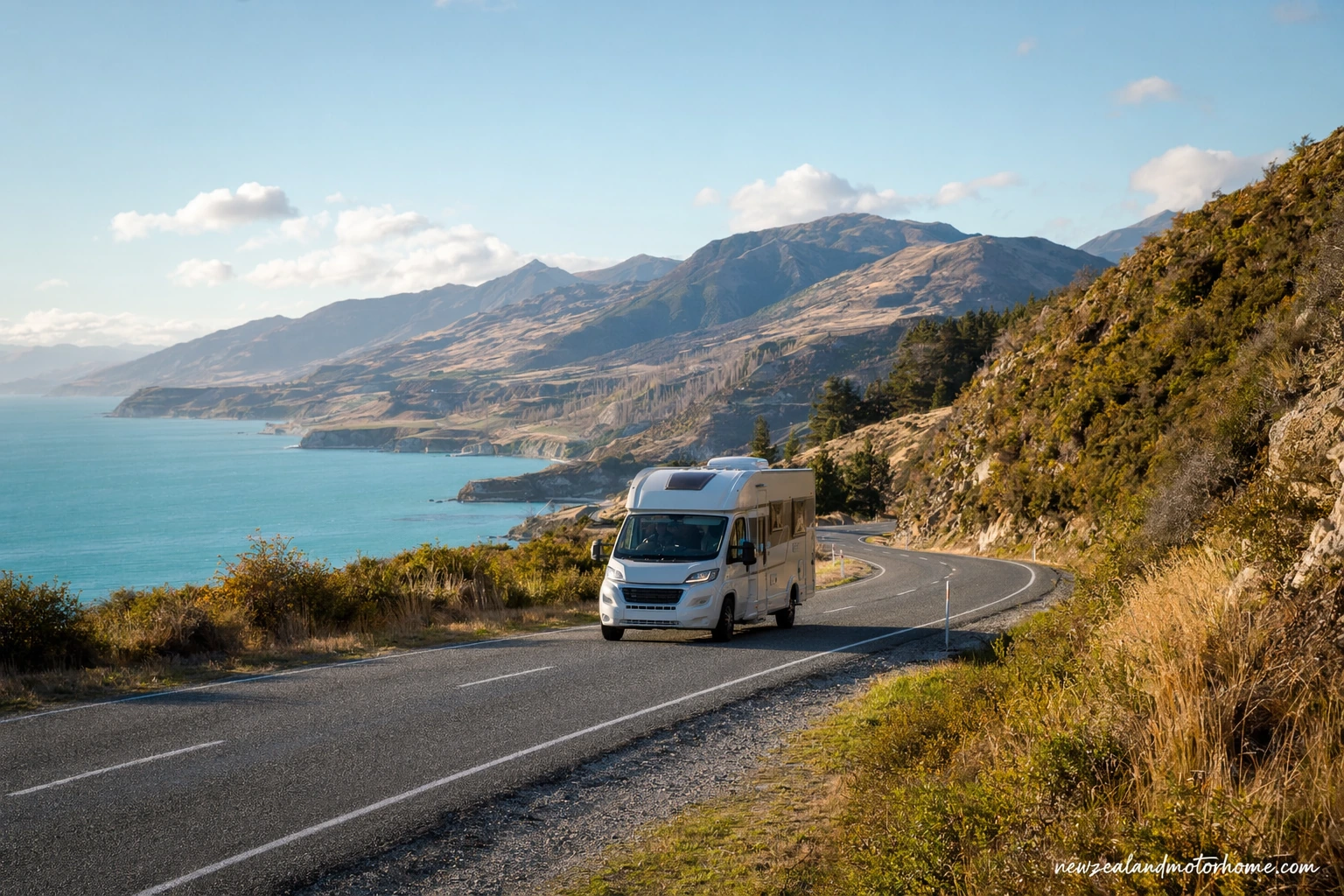 Campervan parked near the inland road between Nelson and Timaru with South Island hills in the background