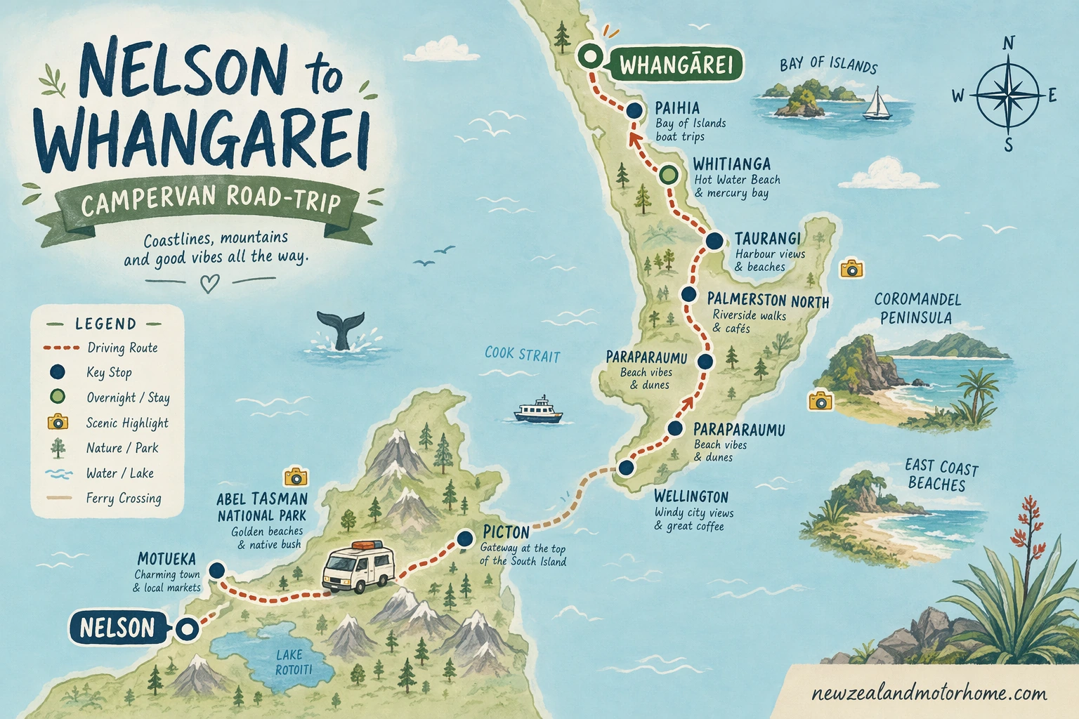 Illustrated campervan map — nelson to whangarei campervan
