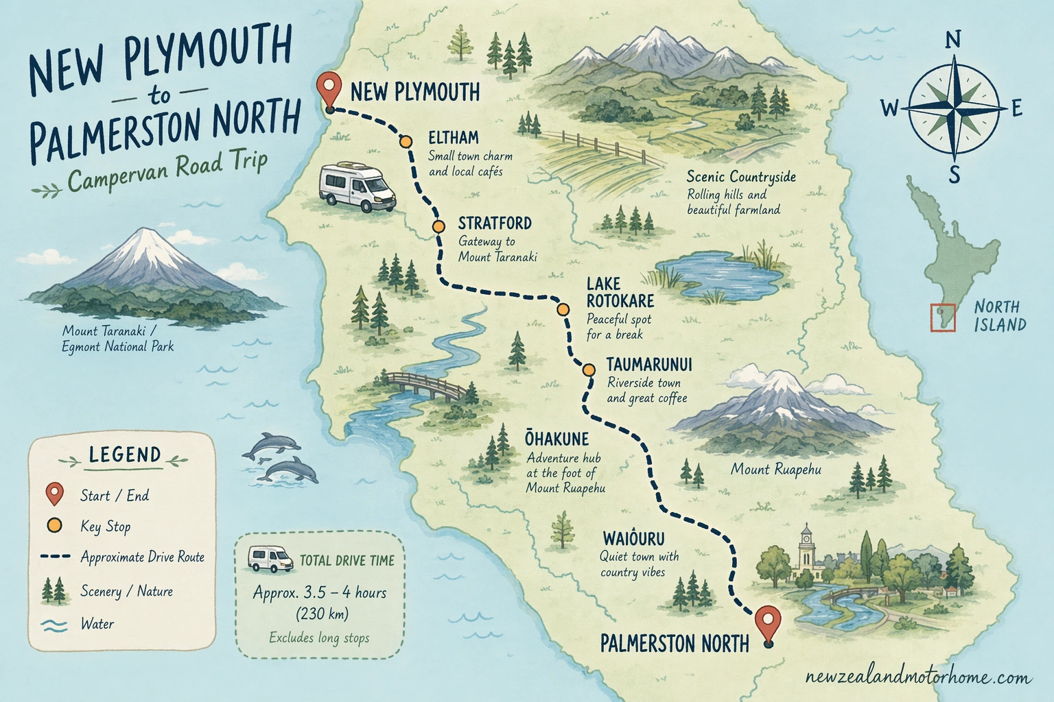 Illustrated campervan map — new plymouth to palmerston north campervan
