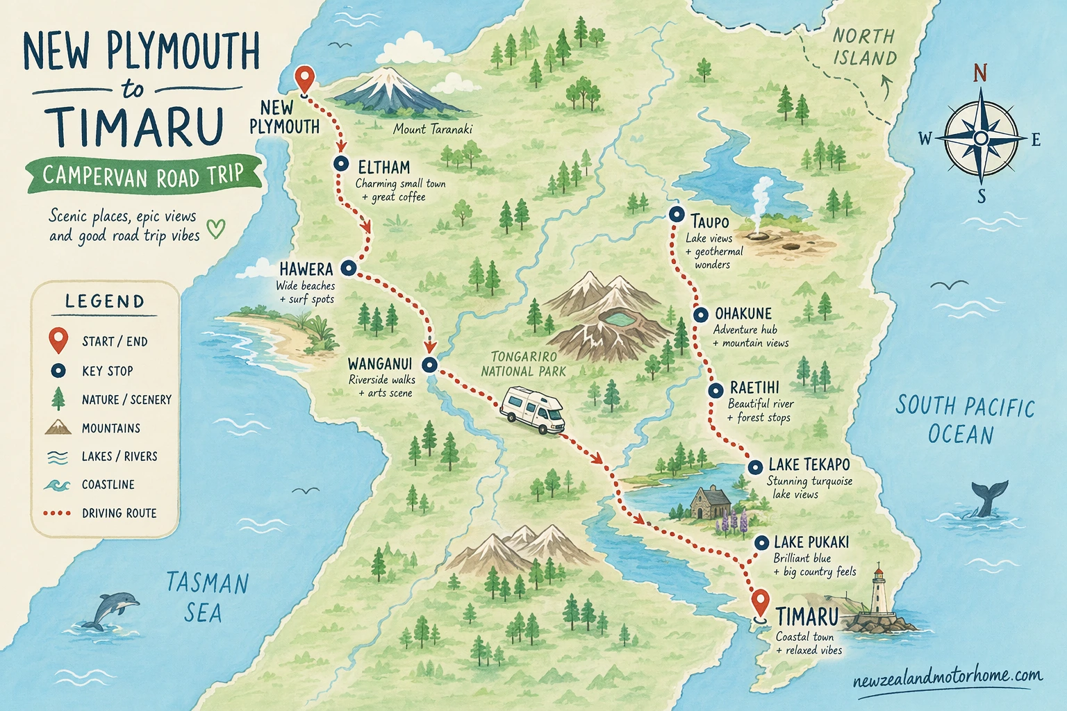 Illustrated campervan map — new plymouth to timaru campervan