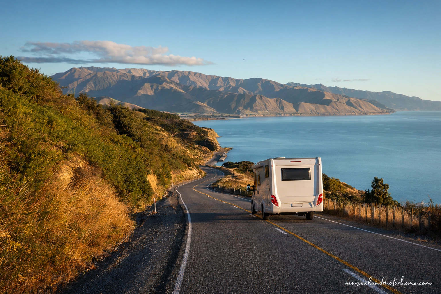 Campervan parked near the coast on the New Plymouth to Timaru route with open road and sea views