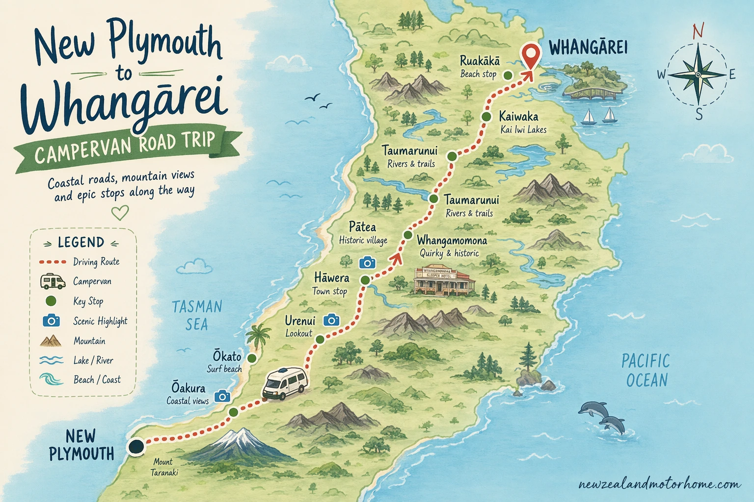 Illustrated campervan map — new plymouth to whangarei campervan