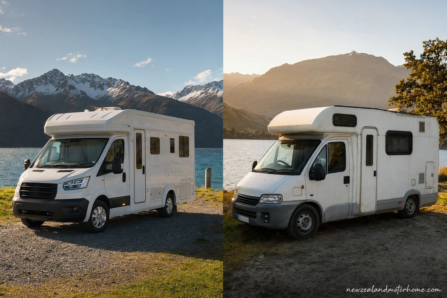 Campervan parked at a New Zealand lakeside holiday park with mountains behind