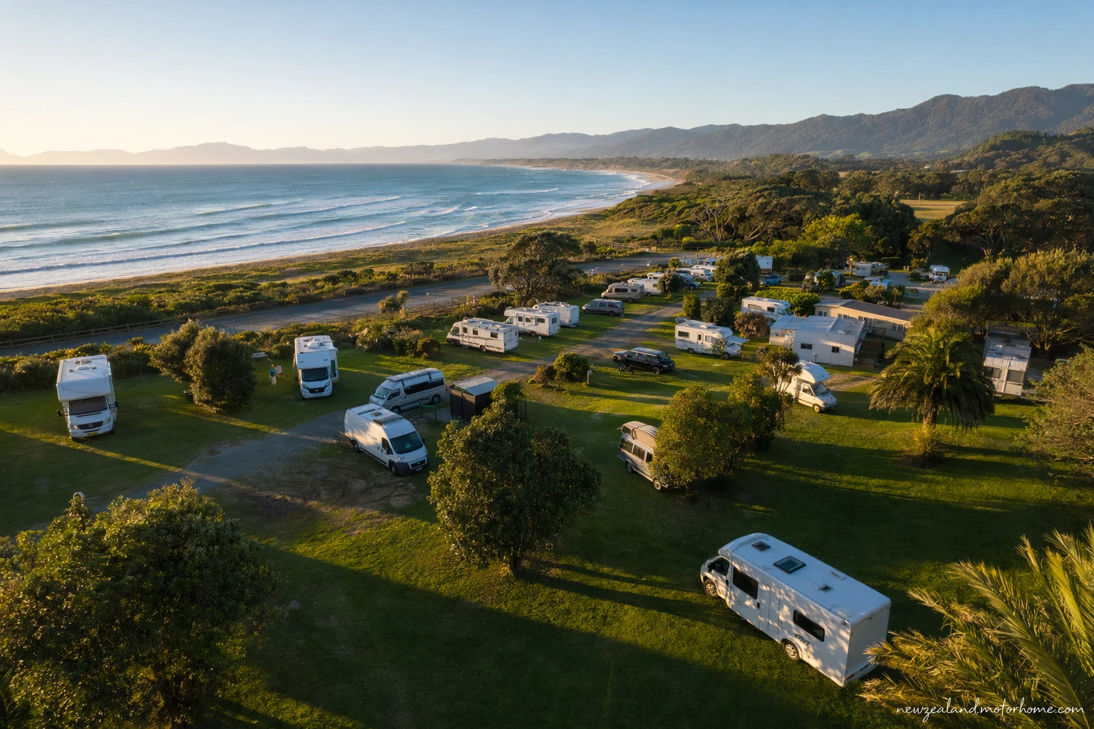 Campervan parked on a powered campsite beside trees in New Zealand