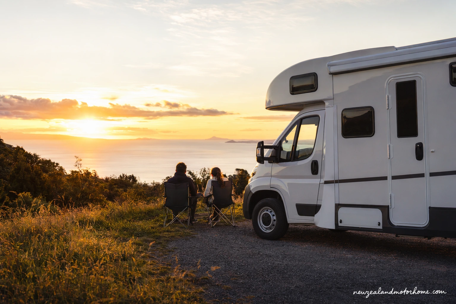 Campervan parked beside Lake Taupō on a North Island self-drive route