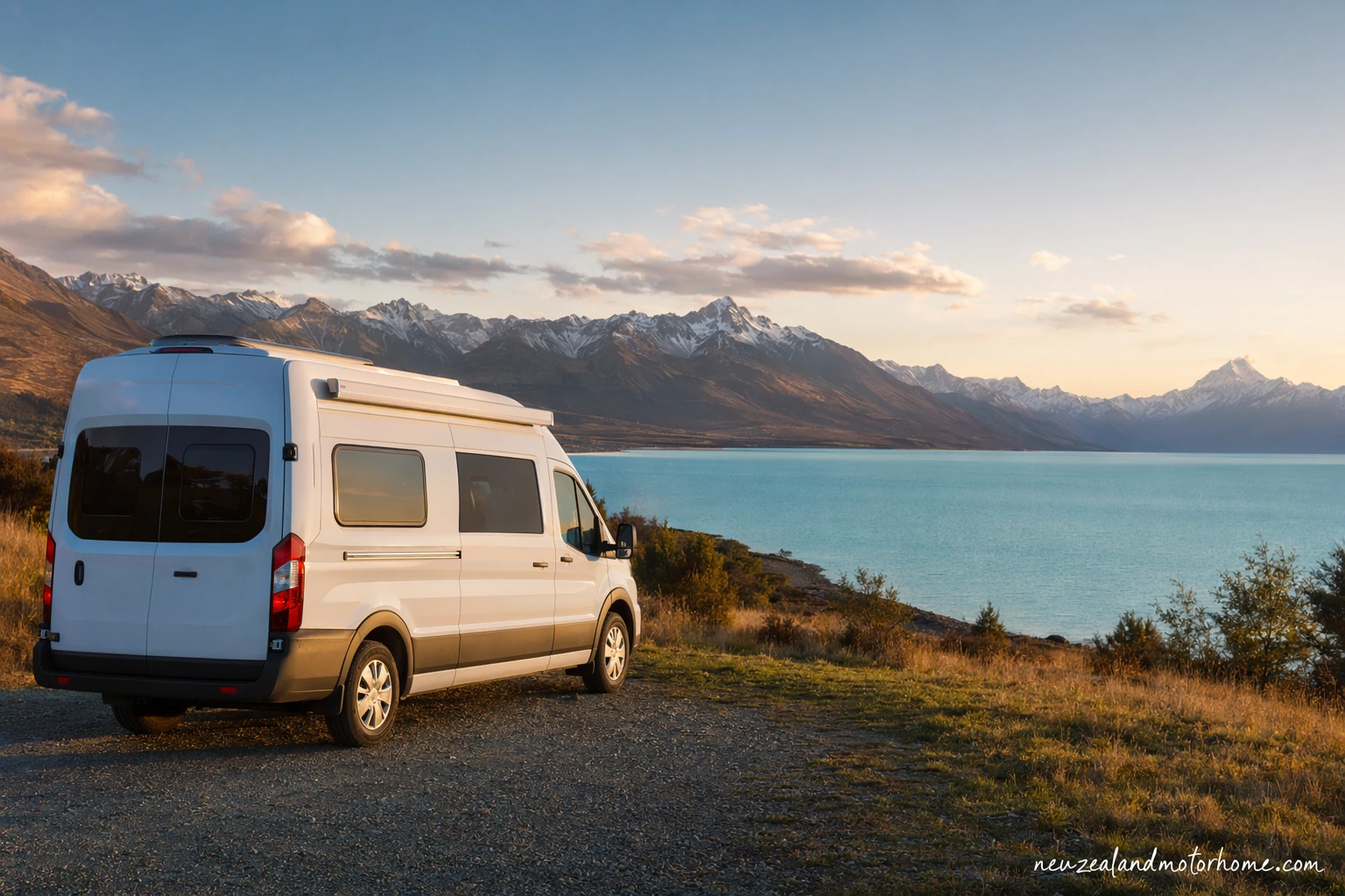 Road trip en van ou camping-car en Nouvelle-Zélande — motorhome sur une route dégagée de l’île du Sud