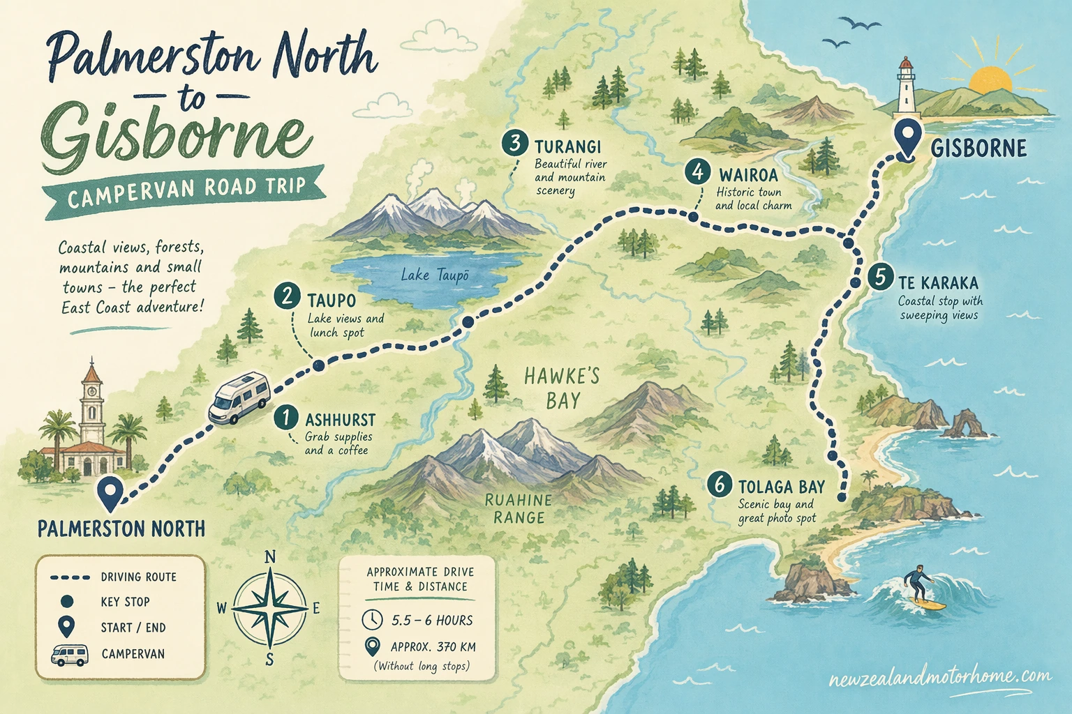 Illustrated campervan map — palmerston north to gisborne campervan