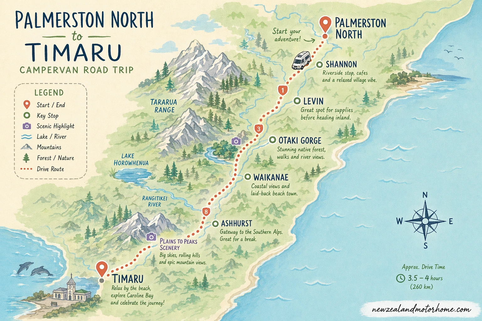 Illustrated campervan map — palmerston north to timaru campervan