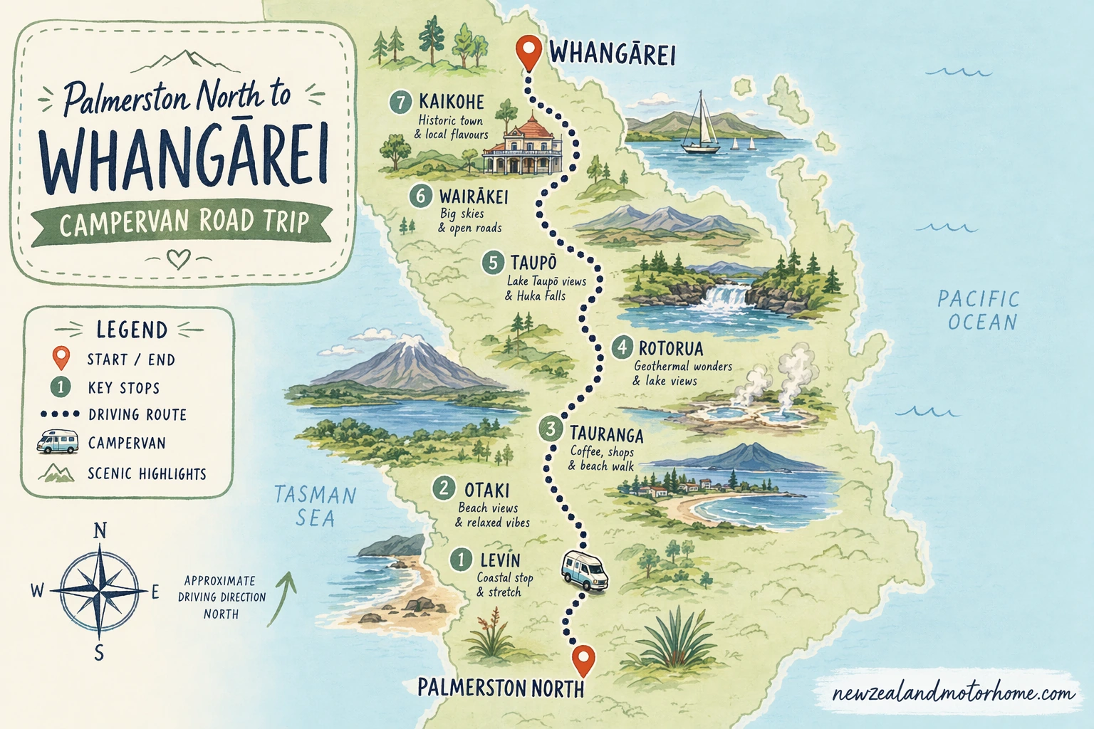 Illustrated campervan map — palmerston north to whangarei campervan