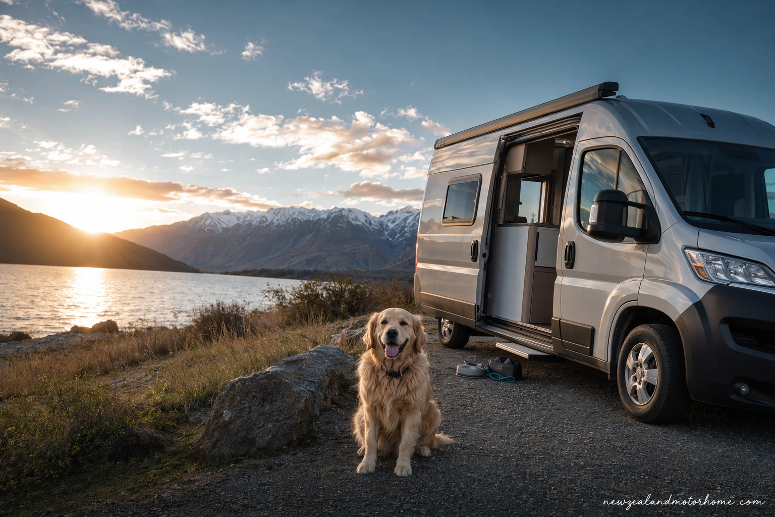 Campervan parked beside a quiet New Zealand beach with a dog resting near the open side door