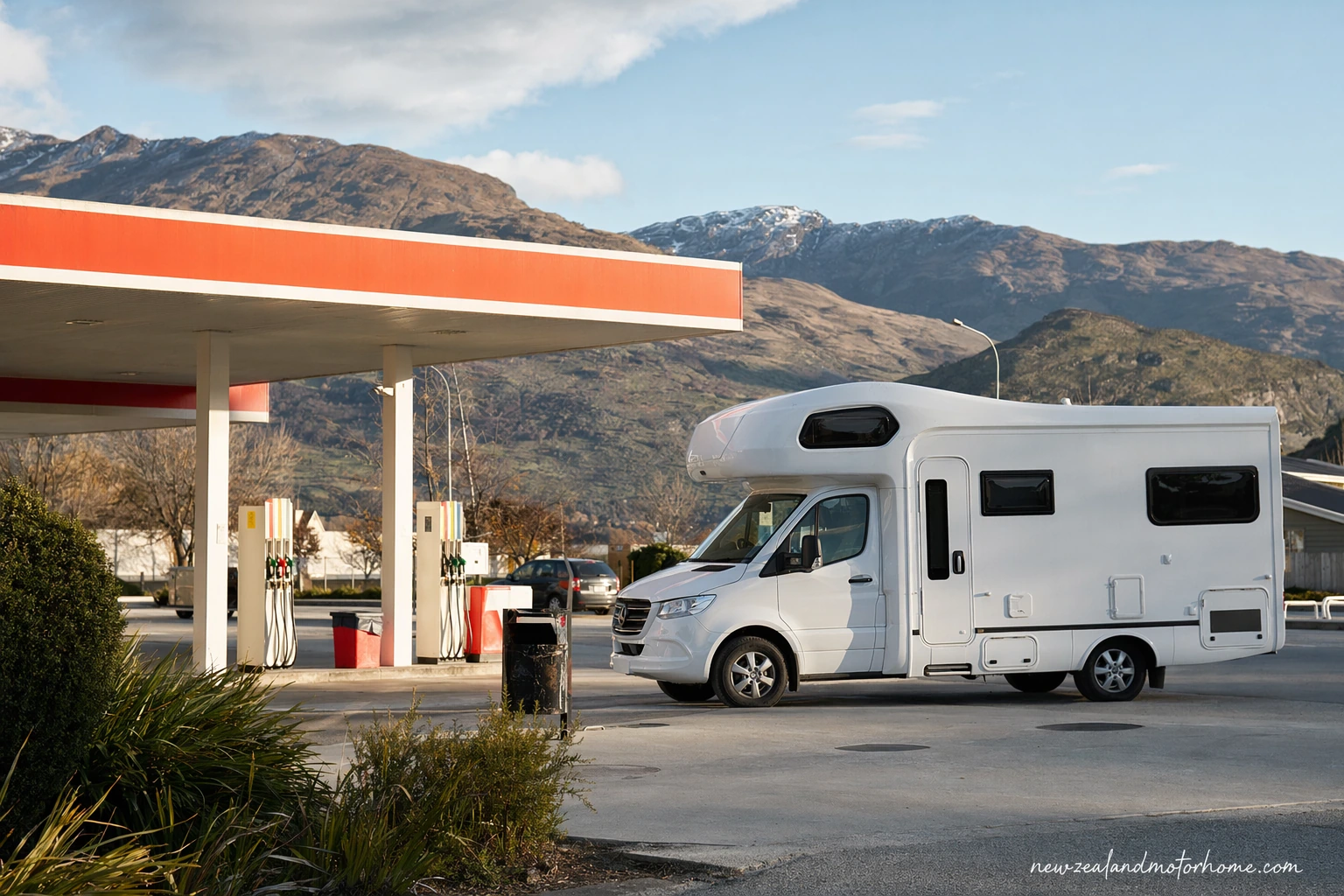 Campervan parked beside a rural New Zealand petrol station before a long road trip section