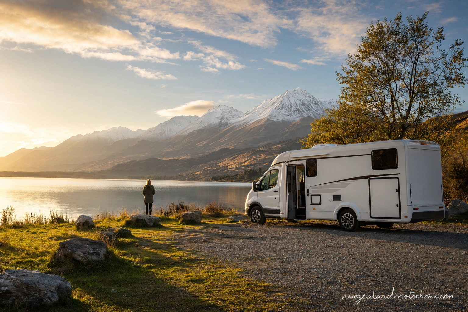 Campervan parked beside Lake Pukaki at sunrise with Aoraki Mount Cook in the distance