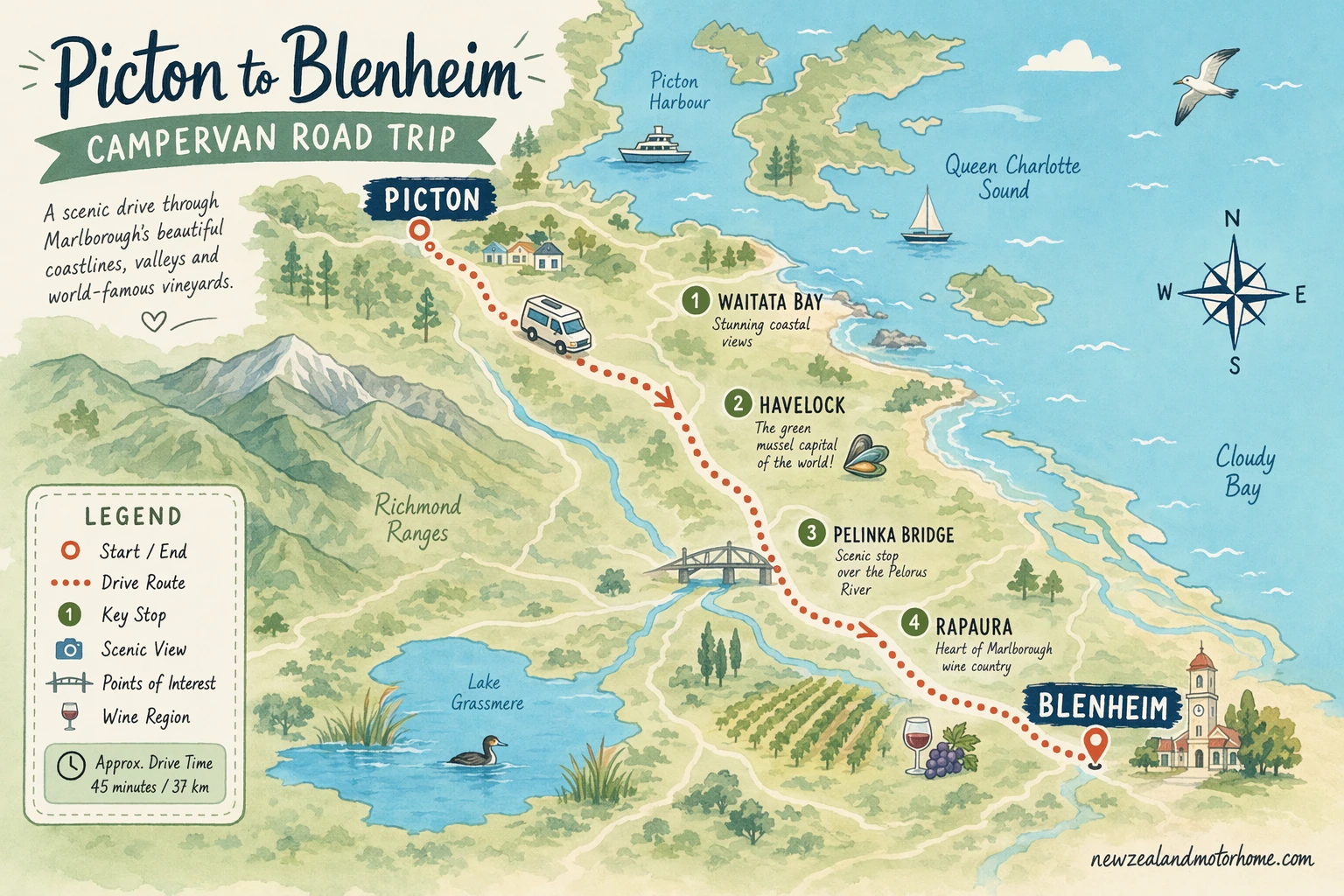 Illustrated campervan map — picton to blenheim campervan