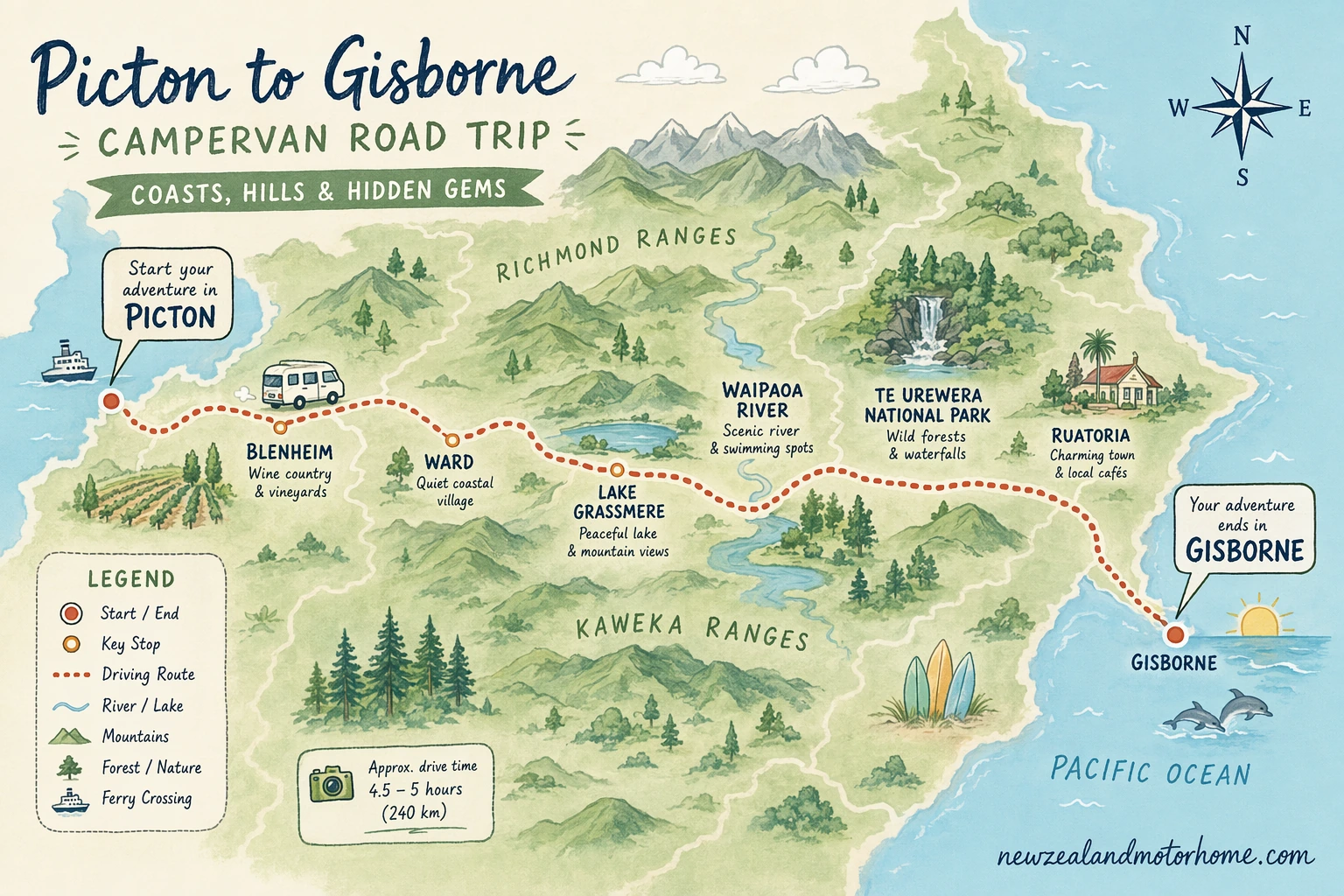 Illustrated campervan map — picton to gisborne campervan