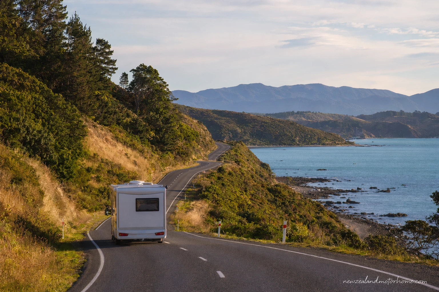 Campervan parked near the Gisborne coast after driving from Picton via Wellington and Hawke’s Bay