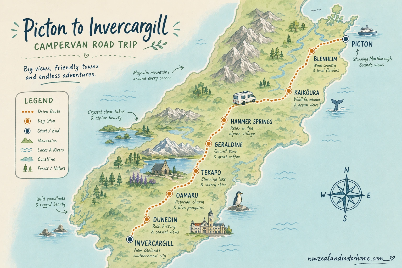 Illustrated campervan map — picton to invercargill campervan