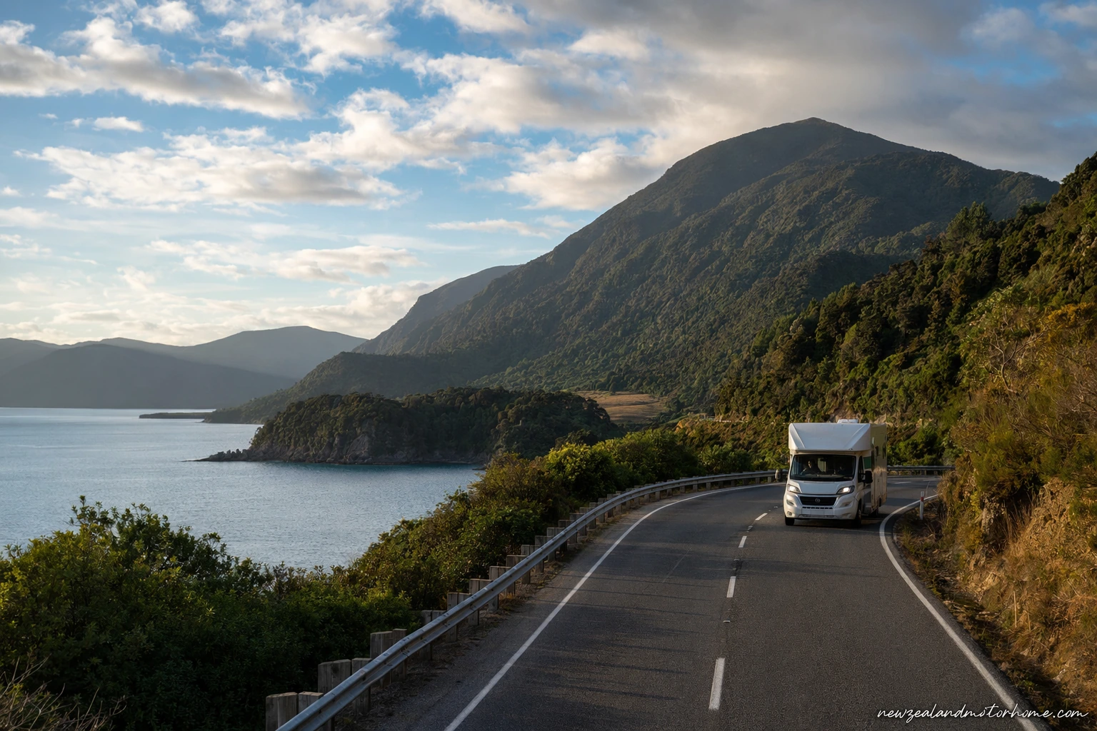 Campervan parked beside the coast on the Picton to Invercargill route near Kaikōura