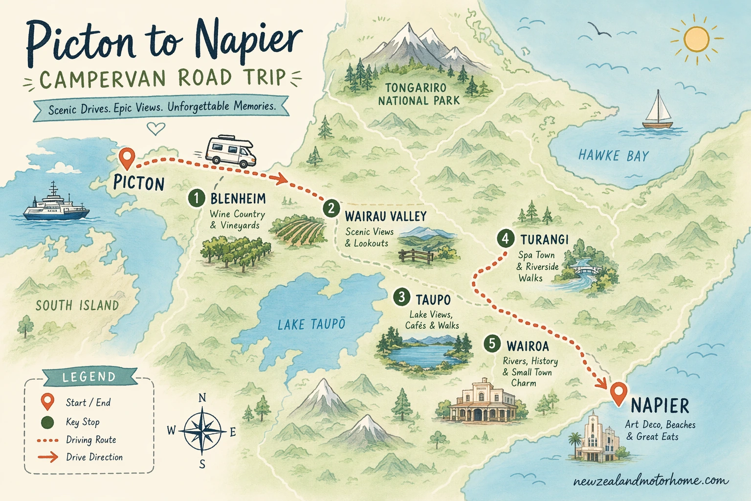 Illustrated campervan map — picton to napier campervan