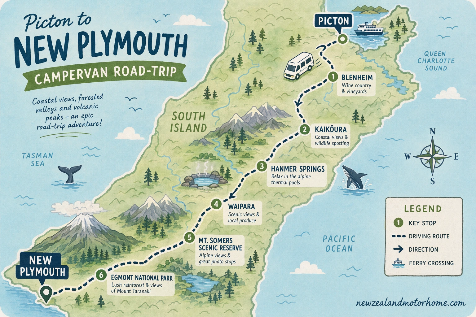 Illustrated campervan map — picton to new plymouth campervan