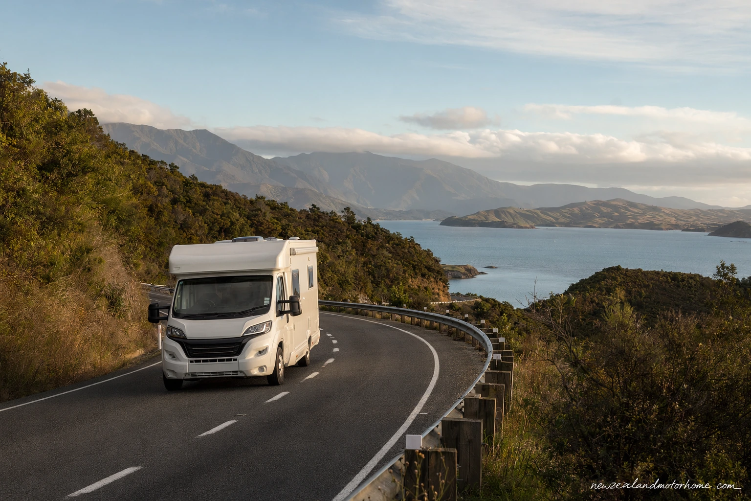 Campervan parked near the New Plymouth coast with Taranaki Maunga in the distance