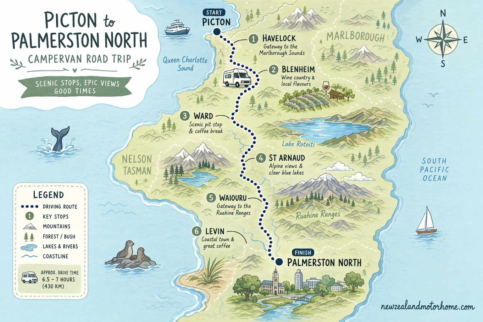 Illustrated campervan map — picton to palmerston north campervan