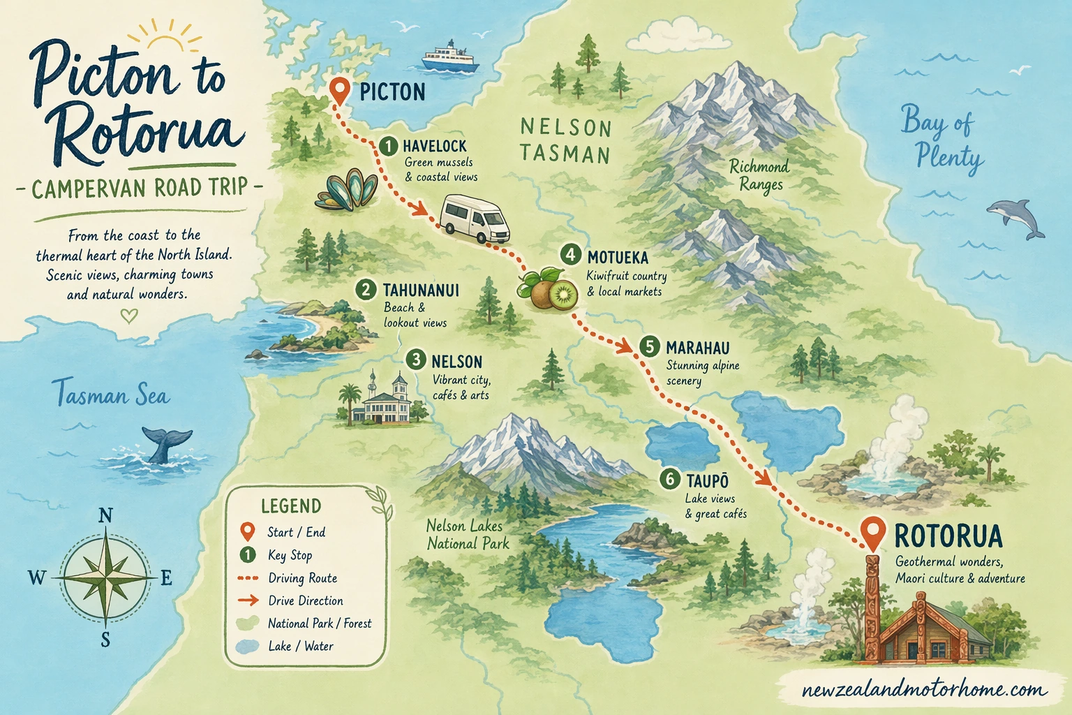 Illustrated campervan map — picton to rotorua campervan